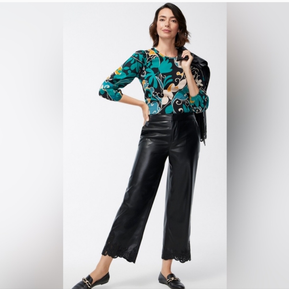 NWT Chico’s Soft Faux Leather Cutwork Hem Trousers High Waist Size 14